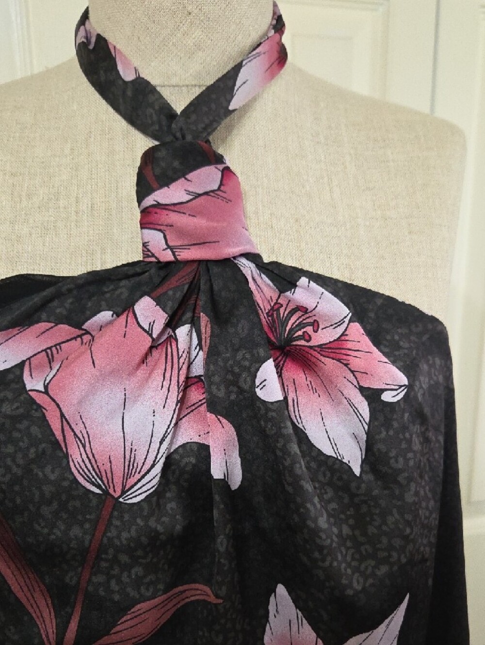 White House Black Market. Black Halter Floral Tunic with Pink Lilies - Picture 2 of 6